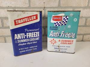 lot 675 image: (2) Vintage Tin Anti-Freeze 1-Gallon Cans - Farm-Oyl and Traveller - Empty