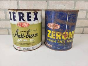 lot 678 image: (2) Vintage Tin 1-Gallon Anti-Freeze Cans - Zerox and Zerone - Empty
