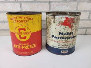 lot 679 image: (2) Vintage Tin 1-Gallon Anti-Freeze Cans - Mobil Permazone and Coast-to-Coast - Empty