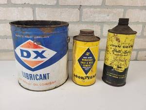 lot 683 image: Vintage DX 10# Grease Can (Empty), John Deere Cone Top Lubricant Can (Partial) and Good-Year Sole and Heel Cement Can (Empty)