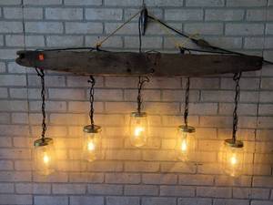 lot 568 image: Beautiful Primitive Chandelier with Edison Bulbs, Quart Ball Mason Jars and Antique Wood Yoke - NO SHIPPING