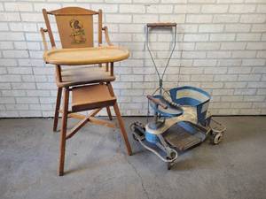 lot 578 image: Antique Tin Stroller and Wood High-Chair - NO SHIPPING