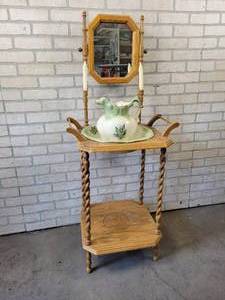 lot 584 image: Pitcher and Basin on Stand with Mirror - NO SHIPPING