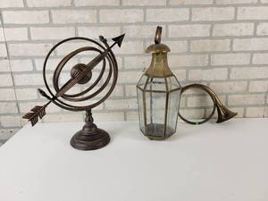 lot 587 image: Decorative Metal Armillary Globe on Stand, lantern and Brass Horn - NO SHIPPING