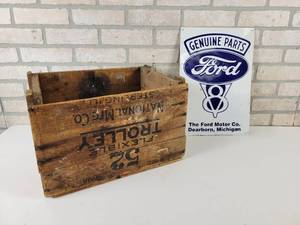 lot 590 image: Antique Flexible Trolley Crate (16 x 11 x 10.5) and FORD Embossed Tin Sign (16 x 11 ) - NO SHIPPING