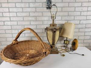 lot 592 image: (2) Vintage Lamps and LARGE Basket - NO SHIPPING