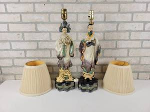 lot 593 image: Pair of Vintage Asian Figure Table Lamps with Shades - NO SHIPPING