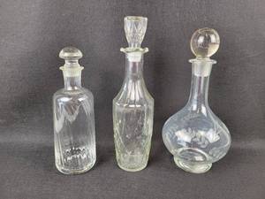 lot 597 image: (3) Vintage Glass Liquor Decanters - Approx 12 to 14 tall - NO SHIPPING