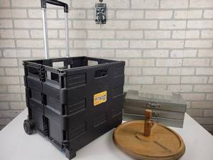 lot 601 image: Portable Folding Rolling Cart, Vintage Parts Drawers and Lazy Susan - NO SHIPPING