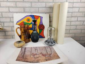lot 754 image: Signed Print, Norman Rockwell Prints, Heavy Amber Glass Pitcher, Chicken Waterer and More - NO SHIPPING