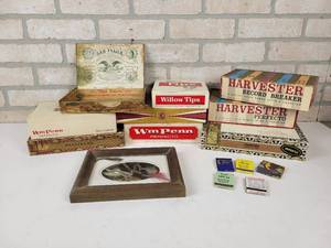 lot 784 image: Vintage Framed Fishing Lures, matchbooks and Cigar Boxes