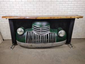 lot 501 image: Custom Made 1940s CHEVROLET Bar, Live Edge Wood Slab Bar Top - Working Headlights - NO SHIPPING