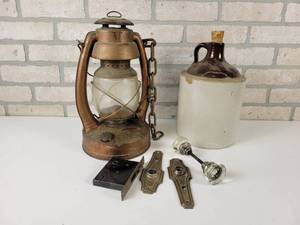 lot 802 image: Vintage Embury Airpilot No. 2 Lantern, Whiskey Jug and Antique Door Knob Assembly