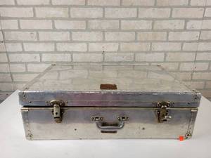 lot 803 image: Vintage ORIENT Western Airlines Aluminum Wrapped Suitcase, EMENEE Toy Accordion and Baby Doll - NO SHIPPING
