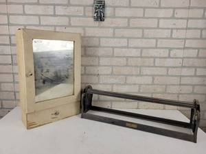 lot 811 image: Vintage Wood Medicine Cabinet (21 x 13.5 x 6) and Vintage Freezer Paper Spool Holder - NO SHIPPING