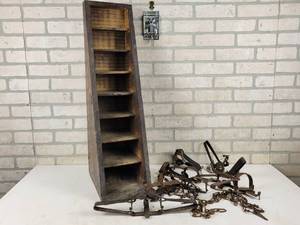 lot 819 image: Lot of Vintage Traps - S. Newhouse and Victor and Vintage Display Shelf (31 x 12 x 8) - NO SHIPPING