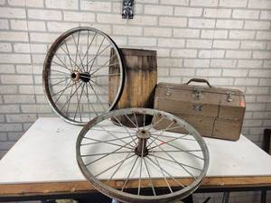 lot 821 image: Vintage JC Higgins Tackle Box, Wood Nail Keg and (2) Heavy Duty Spoked Wheels (23 OD and 34 Shaft) - NO SHIPPING