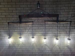 lot 827 image: Beautiful Primitive Chandelier with Edison Bulbs, Quart Ball Mason Jars and Antique Wood Yoke - NO SHIPPING