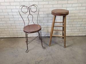 lot 829 image: Vintage Steel Chair and Bar Stool - NO SHIPPING