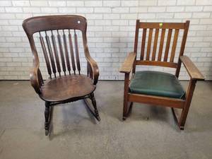 lot 830 image: (2) Vintage Wood Rocking Chairs (1) is Mission Style - NO SHIPPING