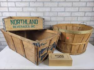 lot 835 image: Vintage Northland Beverages Crate, Apple Basket and More - NO SHIPPING