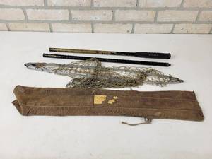 lot 526 image: Antique Collapsible Fish Landing Net in Cloth Bag - Brass Handles - Approx. 60 Long Fully Assembled