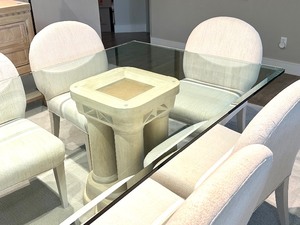 lot 2 image: Gorgeous Glass Top Dining Room Table with Hendredon Pillars and Eight Chairs