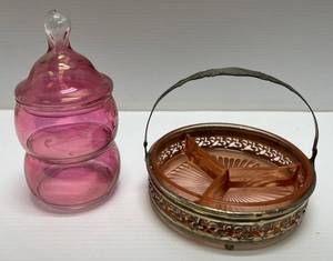 lot 232 image: Pink Depression Glass Divided Tray With Metal Basket Holder And More