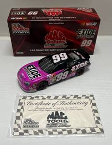 lot 26 image: 1999 Racing Champions 124 Scale Die-Cast Stock Car ( Limited Edition ) Mac Tools Motorsports # 99 Exide Batteries ( Jeff Burton )  With COA