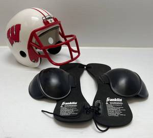 lot 90 image: Vintage Kids Wisconsin Badgers Football Helmet And Shoulder Pads Costume