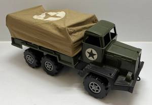 lot 107 image: Vintage Large Plastic Military Transport Vehicle ( Has Rip In Canvas Can Be Repaired )