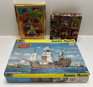 lot 134 image: Group Of Misc. Vintage Items Including 1991 Revell Santa Maria Model Kit ( New In Open Box ), Vintage Road Runner Foil Picture In Frame And More