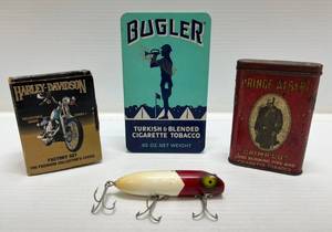 lot 138 image: Group Of Vintage Items Including Harley Davidson Collector Cards, Vintage Tobbaco Tins Including ( RARE ) Bugler And Vintage South Bend Bass Oreno Wood Fishing Lure ( In Great Condition )