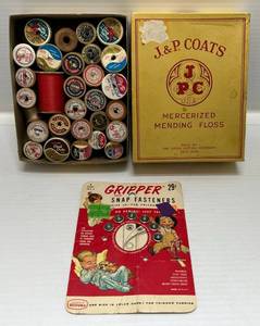 lot 142 image: Group Of Misc. Vintage Mending Threads In Original J. & P. Coats Box And Vintage Gripper Snap Fasteners On Original Advertisement Card