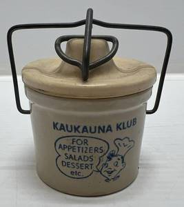 lot 143 image: Vintage 1960s Original Kaukauna Klub 6 Oz Cheese Crock With Lid And Metal Hinge