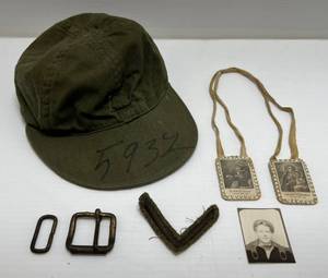 lot 159 image: Wartime ( Vietnam ) Soldiers Field Hat, ( Has Numbers Written On It ) Prayer Necklace,  Arm Bar & Buckles