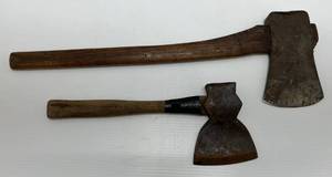 lot 178 image: Pair Of Vintage Axes 1 Long Handle 1 Short Handle