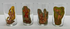 lot 181 image: 1940s Anchor Hocking Peek A Boo Naughty Glasses Set Of Four ( One Missing Some Print )