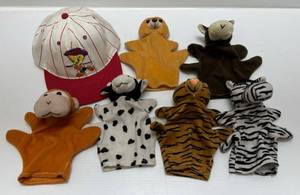 lot 217 image: Group Including Vintage Animal Hand Puppets And Tweety Snap back Hat