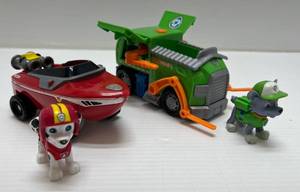 lot 297 image: Vintage Paw Patrol Vehicles 1 Rockys Recycle Truck With Figure 1 Rescue Racer Sea Patrol Marshall 4 Red Boat Spin Master