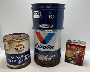 lot 300 image: Group Of Misc. Motor Oil Containers Including Valvoline 16 Gallon Oil Keg, Gulf Gear Lubrication Can And Imperial Motor Oil Can