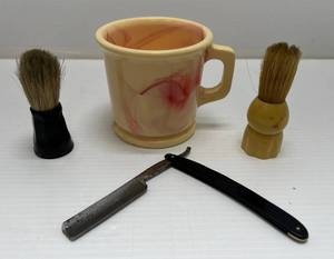 lot 301 image: Vintage Shaving Items Including  Marbled Plastic Shaving Cup ( Made In St. Paul Minn.), Vintage Shaving Brushes And Flat Blade