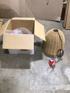 lot 29 image: Hampton Bay Highler 1-Light Matte Black Island Pendant with Natural Rattan Shade Customer Returns See Pictures