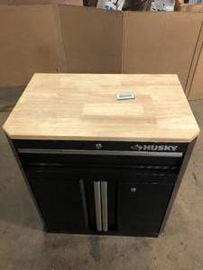 lot 37 image: Husky Ready-to-Assemble 24-Gauge Steel 1-Drawer 2-Door Garage Base Cabinet in Black (28 in. W x 33 in. H x 18 in. D)   Customer Returns See Pictures