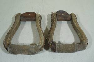 lot 186 image: Vintage Wood & Leather Stirrups