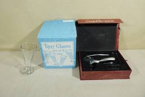 lot 222 image: Set of Four Tipsy Party Glasses with Corkscrew