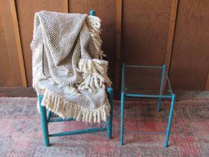 lot 25 image: Teal Vintage Straight Back Table or Entry Style Chair, Glass and Teal Painted Metal Table, and Sofa Throw Blanket