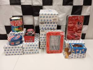 lot 169 image: Decorative Nascar Tins With 164 Scale Die Cast Cars Inside