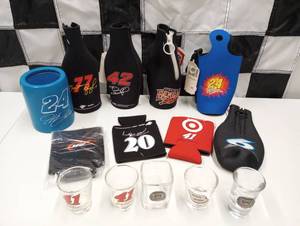 lot 237 image: Assorted Nascar Can  Bottle Cozies, And Shot Glasses