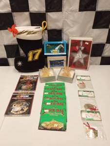 lot 662 image: Assorted Nascar Christmas Ornaments Cards & Stocking.